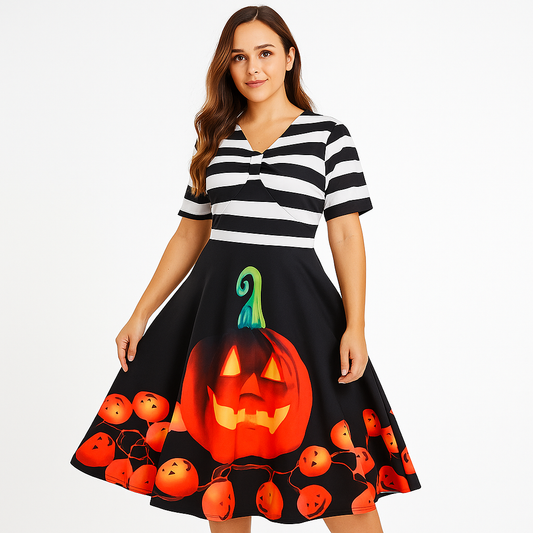 Halloween Vintage Kleid - Kürbisdruck - Midi Länge