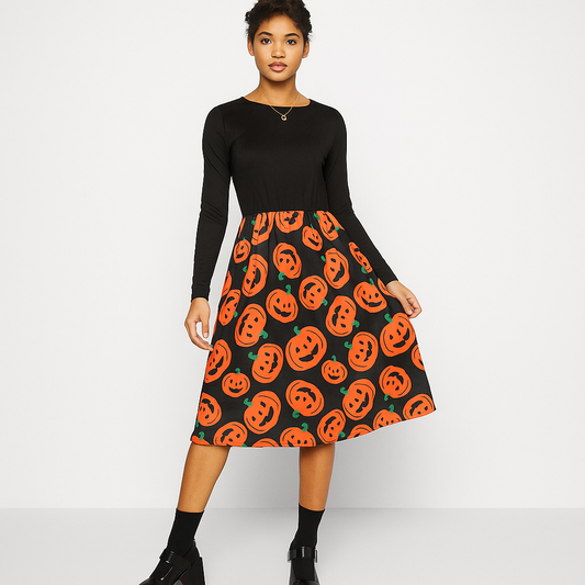 Midi-Kleid Halloween - Gruseliges Kürbismuster - Einzigartiger Stil