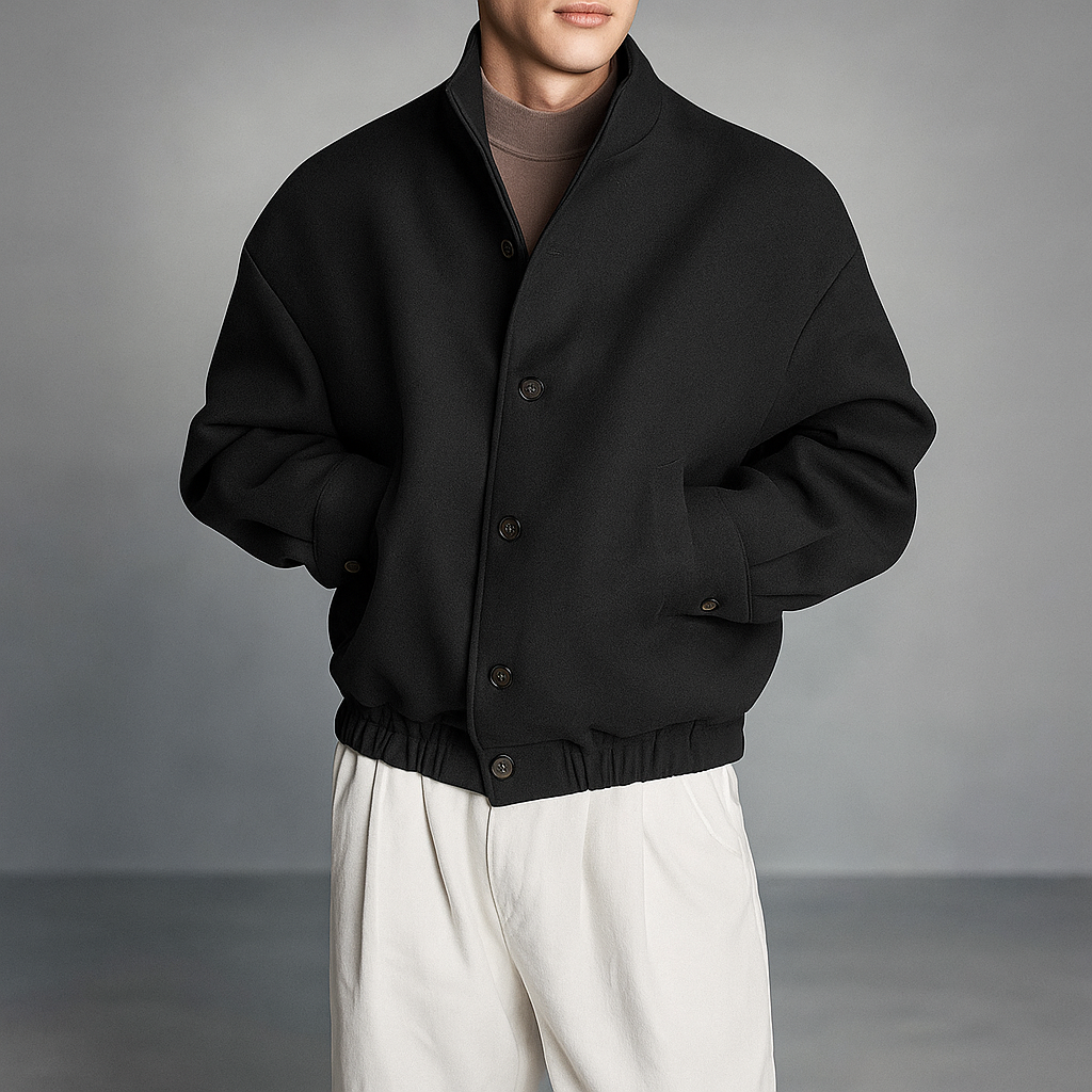 Veste homme ample - Tissu doux structuré - Col haut - Boutons