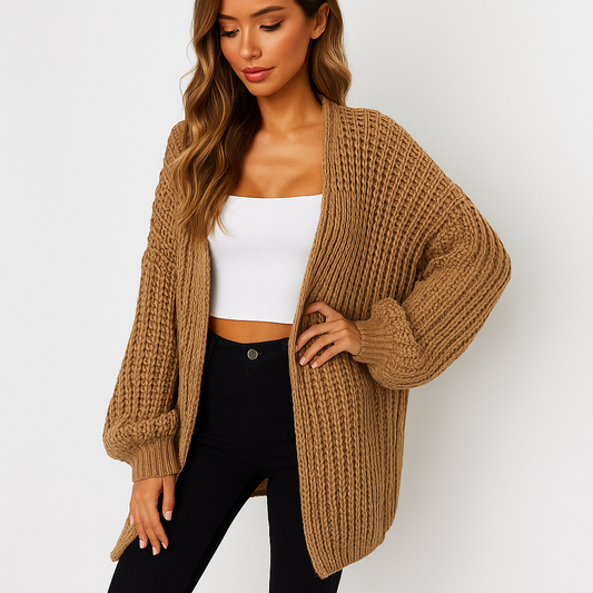 Cardigan en Tricot Épais - Manches Volumineuses - Coupe Ouverte Élégante