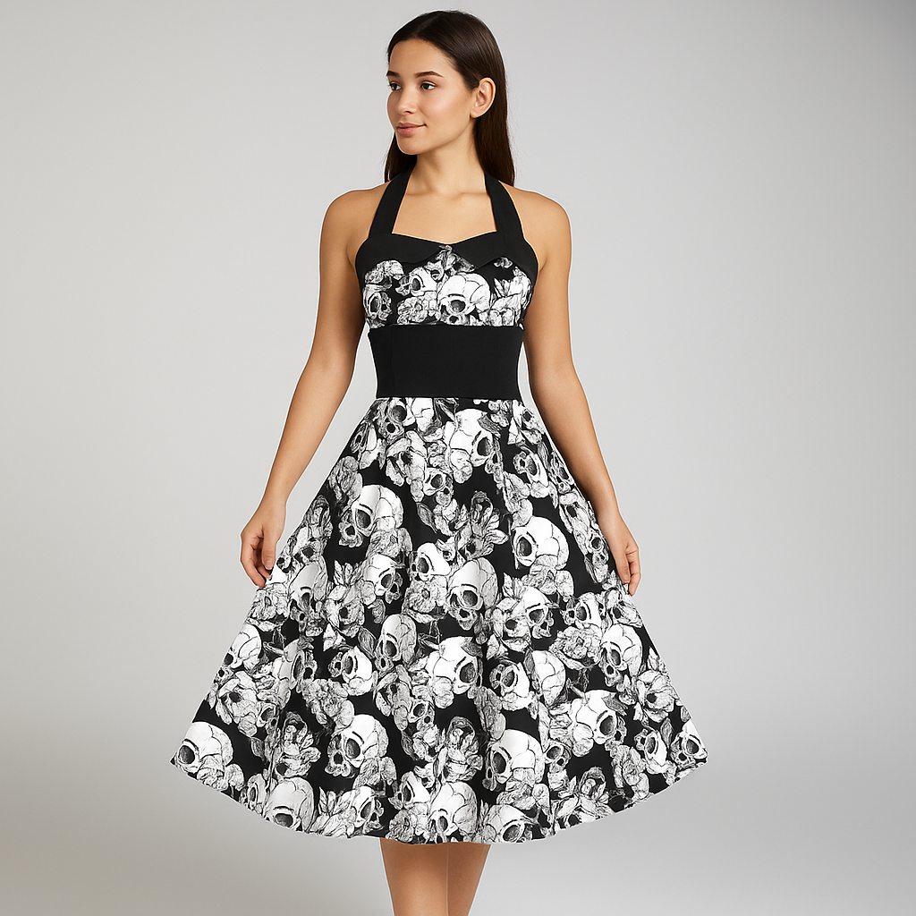 Robe Midi Bettina - Totenkopf-Muster - Rebellische Eleganz