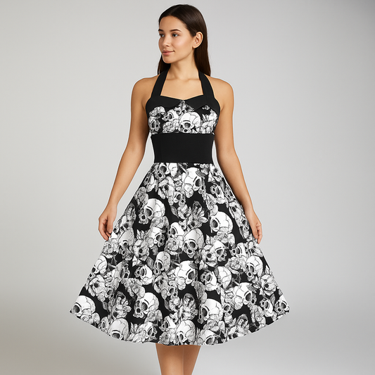 Robe Midi Bettina - Totenkopf-Muster - Rebellische Eleganz