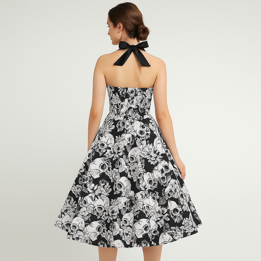 Robe Midi Bettina - Imprimé Tête de Mort - Élégance Rebelle