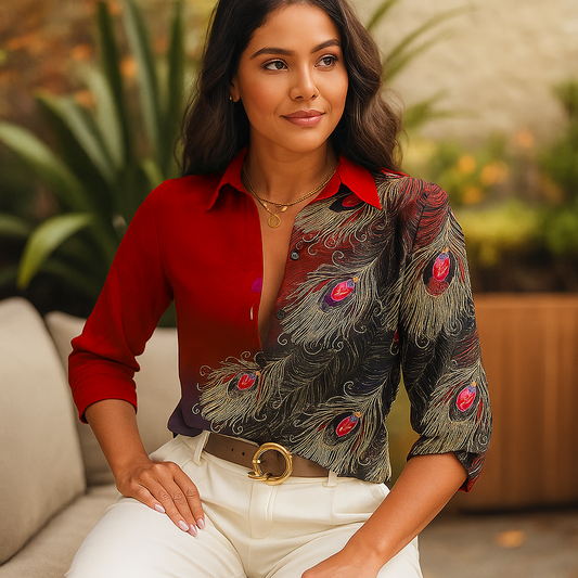 Blouse Élégante Imprimé Plumes - Femme Chic