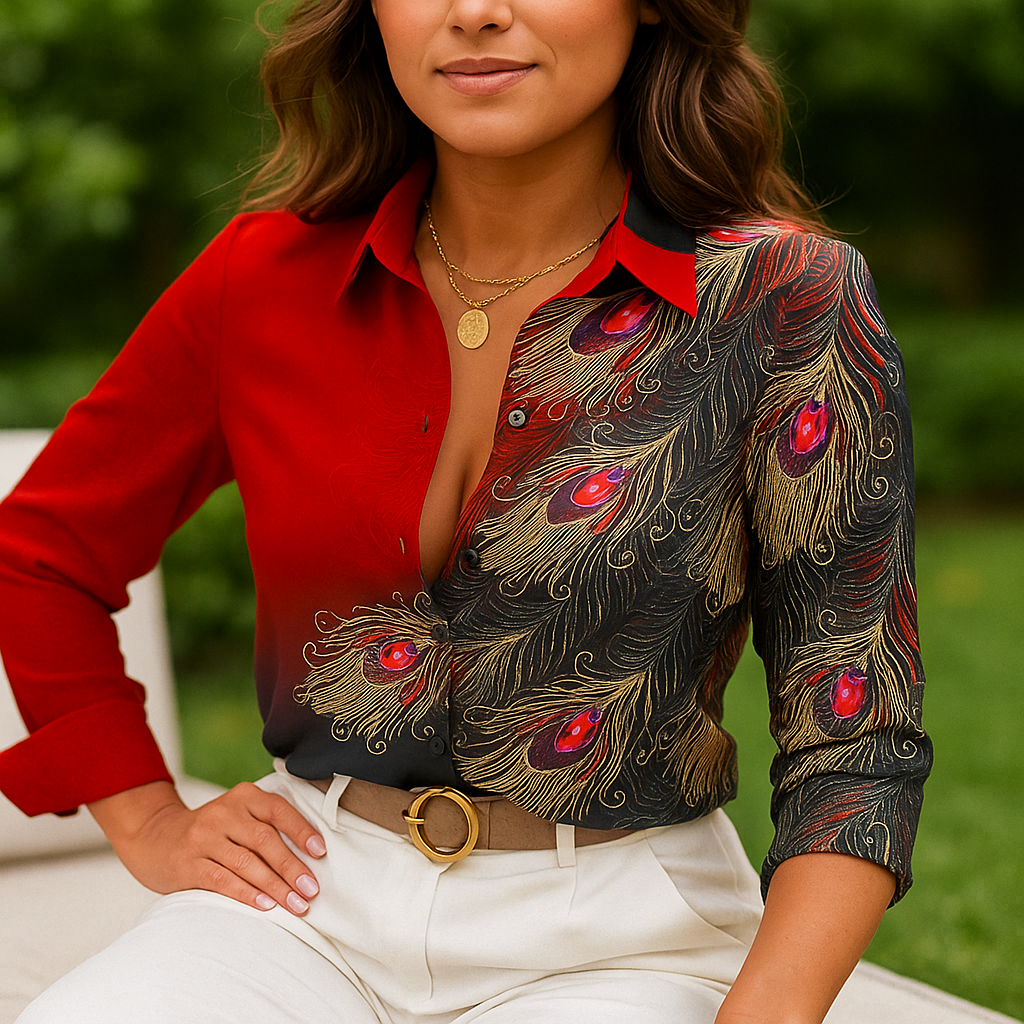 Blouse Élégante Imprimé Plumes - Femme Chic
