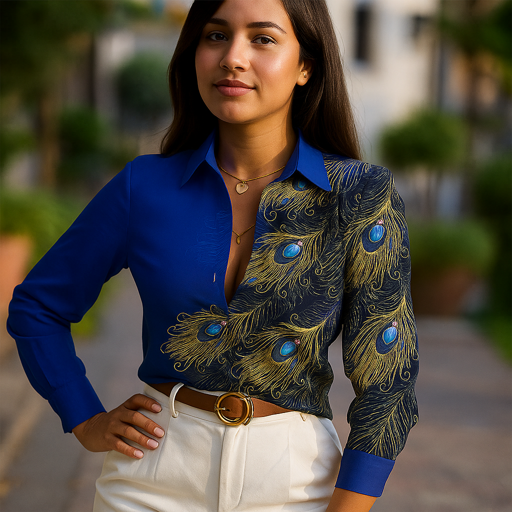 Blouse Élégante Imprimé Plumes - Femme Chic