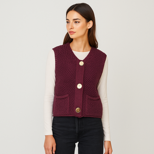 Gilet Tricoté au Crochet - Boutons en Patch - Confort Élégant