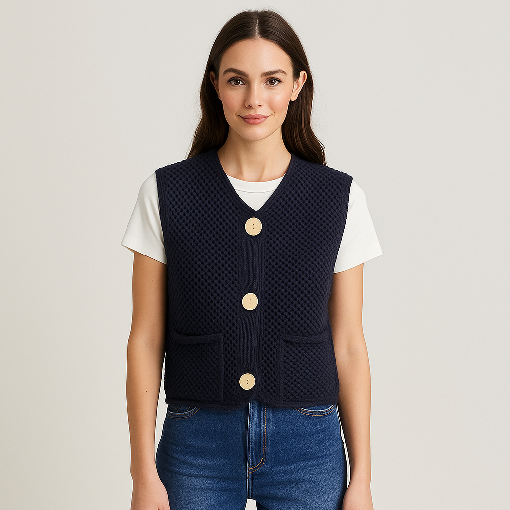 Gilet Tricoté au Crochet - Boutons en Patch - Confort Élégant