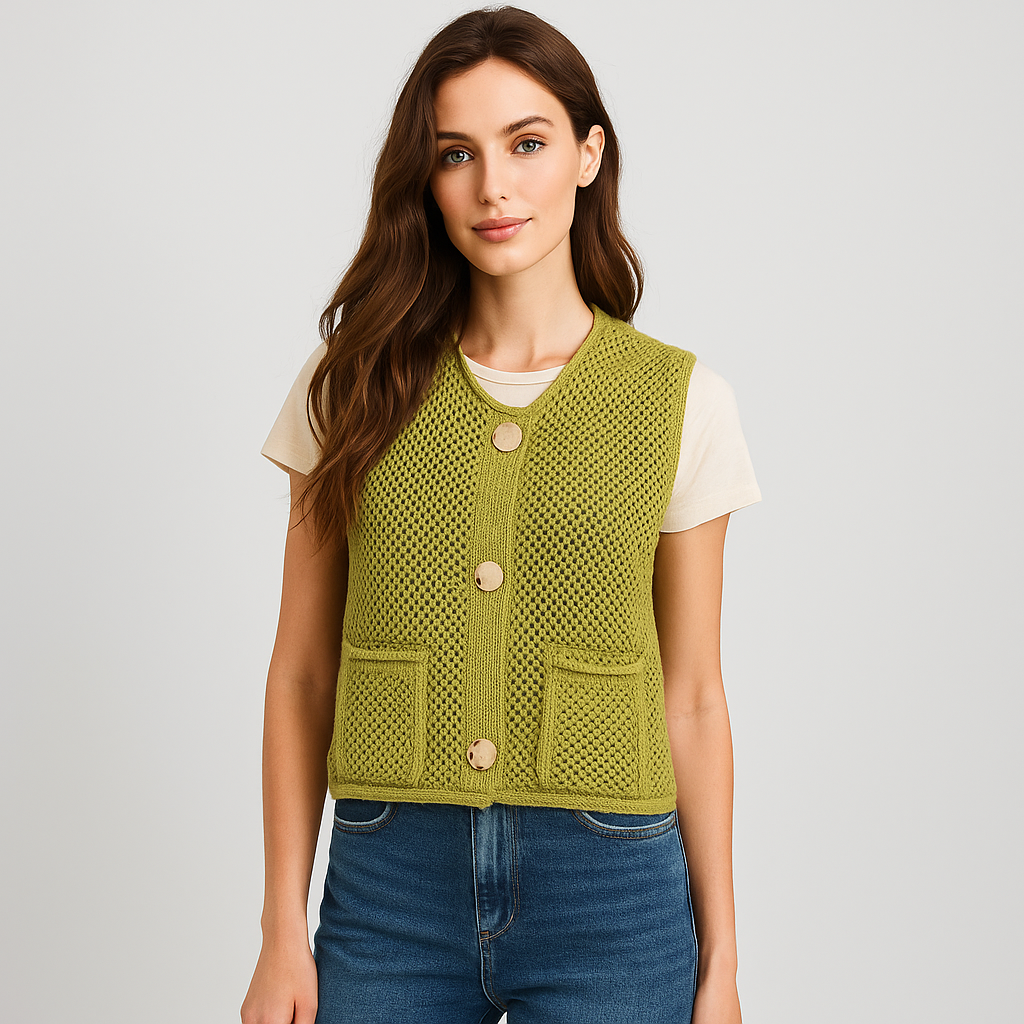 Gilet Tricoté au Crochet - Boutons en Patch - Confort Élégant