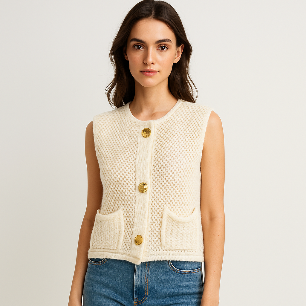 Gilet Tricoté au Crochet - Boutons en Patch - Confort Élégant