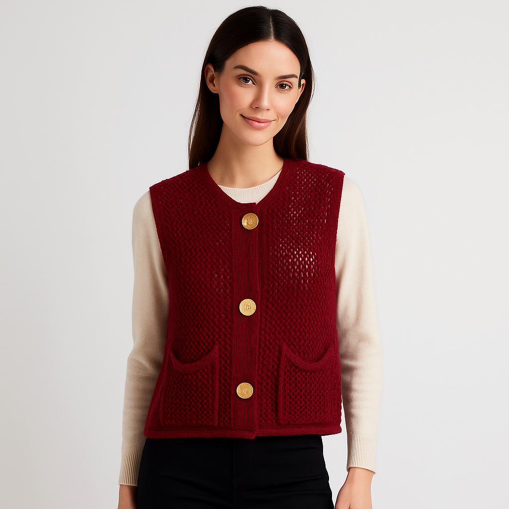 Gilet Tricoté au Crochet - Boutons en Patch - Confort Élégant