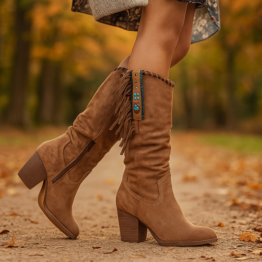 Bottes Femme Suède Mi-Mollet à Franges