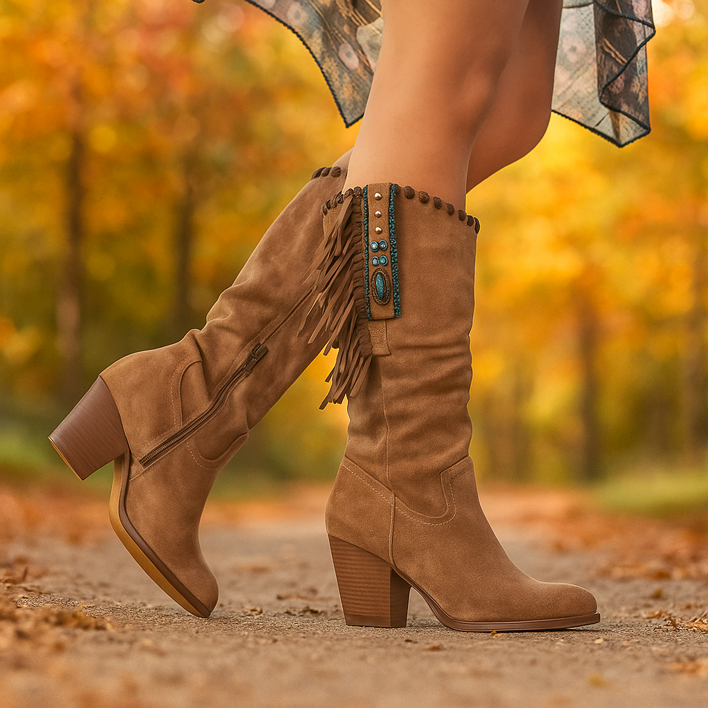 Bottes Hautes Femme en Suédine à Franges