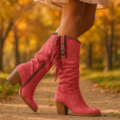 Bottes Suède Femme Mi-Mollet Franges Talon Bloc