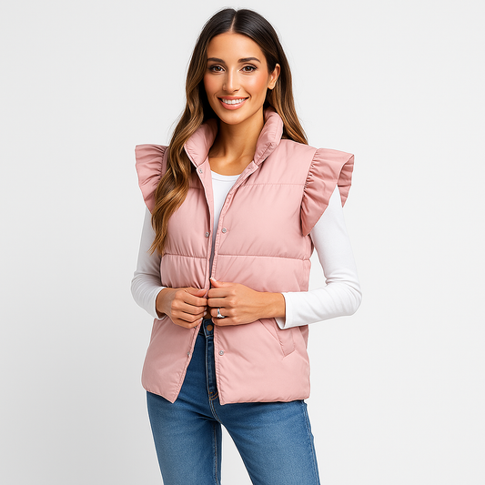 Gilet - Col Montant - Poches à Boutons Doubles - Manches Volantes