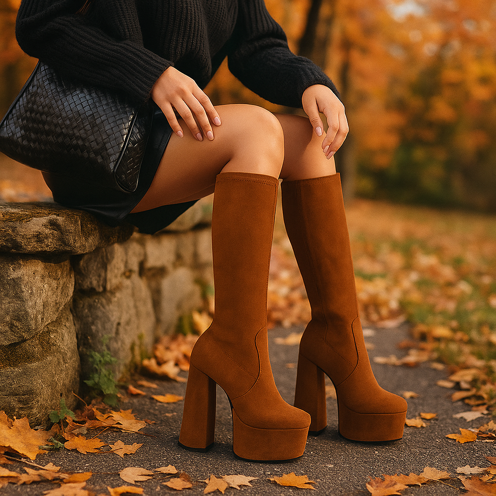 Bottes Montantes Femme à Talon Épais et Plateforme
