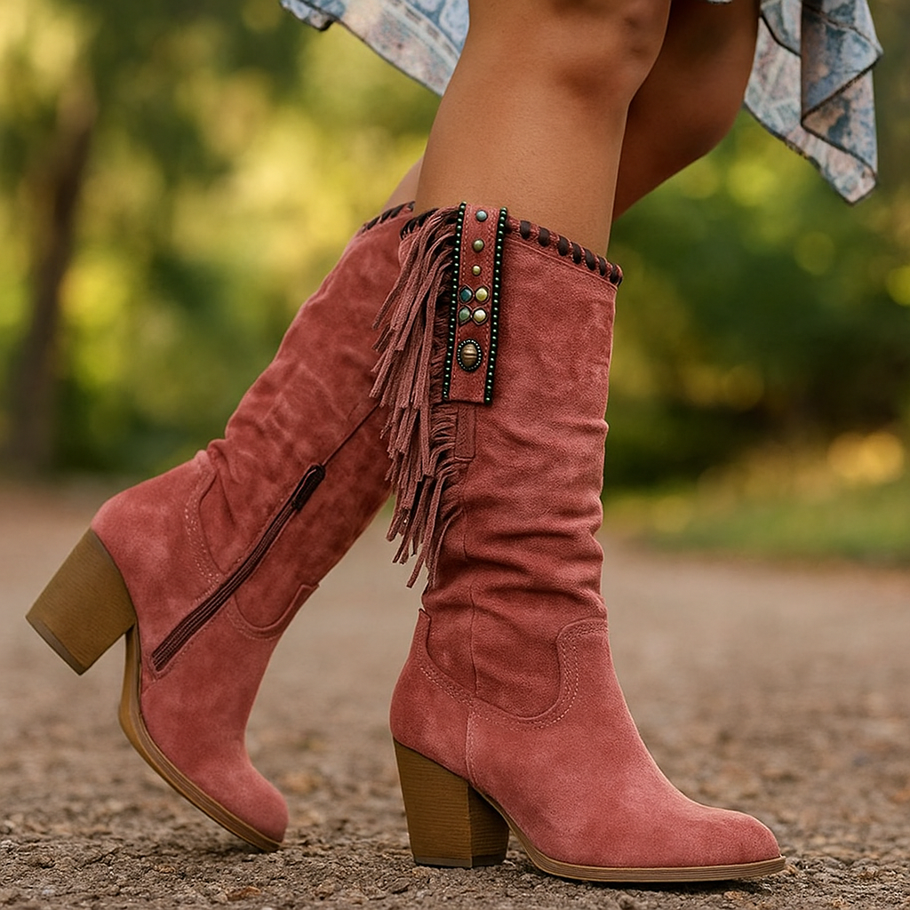 Bottes Hautes Femme en Suédine à Franges