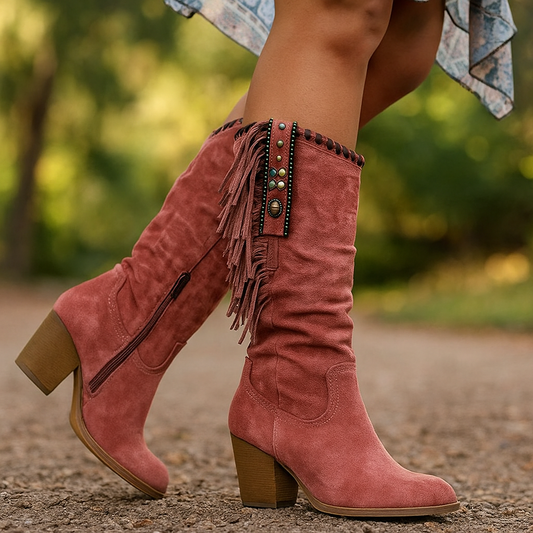 Bottes Hautes Femme en Suédine à Franges