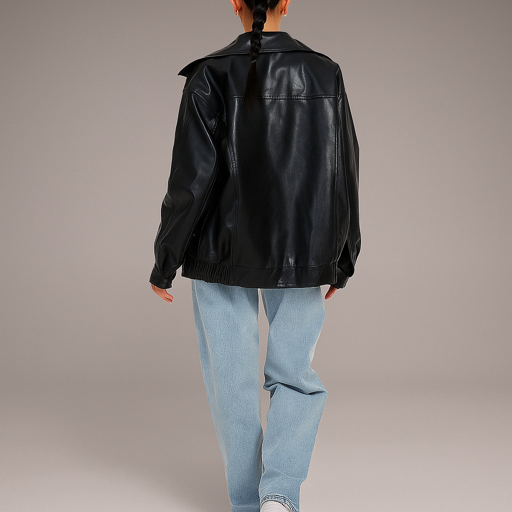 Veste en Cuir Femme – Coupe Oversize – Longueur Hanche – Fermeture Éclair Devant
