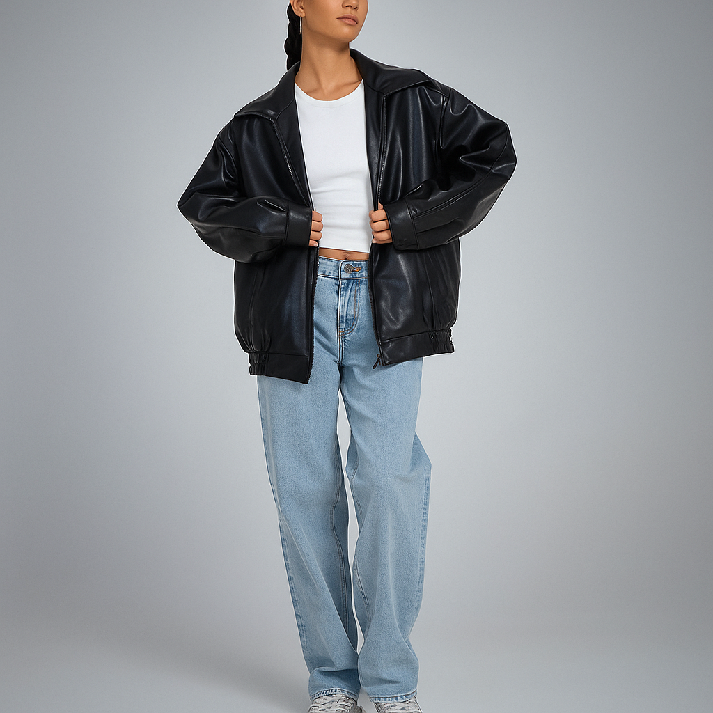 Veste en Cuir Femme – Coupe Oversize – Longueur Hanche – Fermeture Éclair Devant