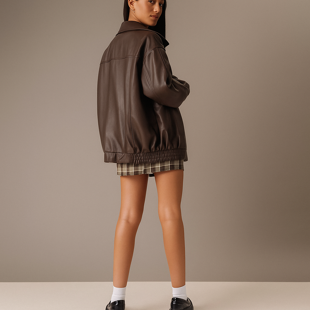Veste en Cuir Femme – Coupe Oversize – Longueur Hanche – Fermeture Éclair Devant