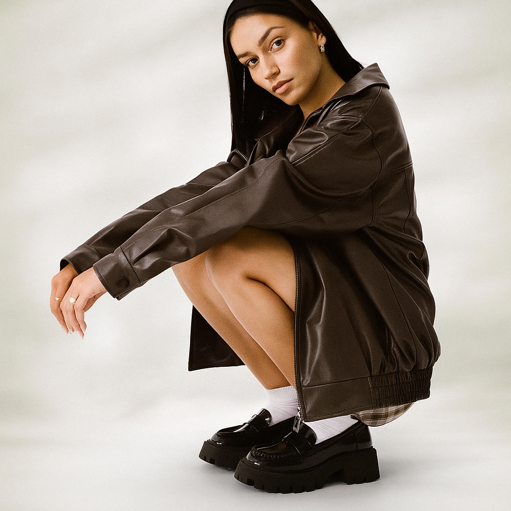 Veste en Cuir Femme – Coupe Oversize – Longueur Hanche – Fermeture Éclair Devant