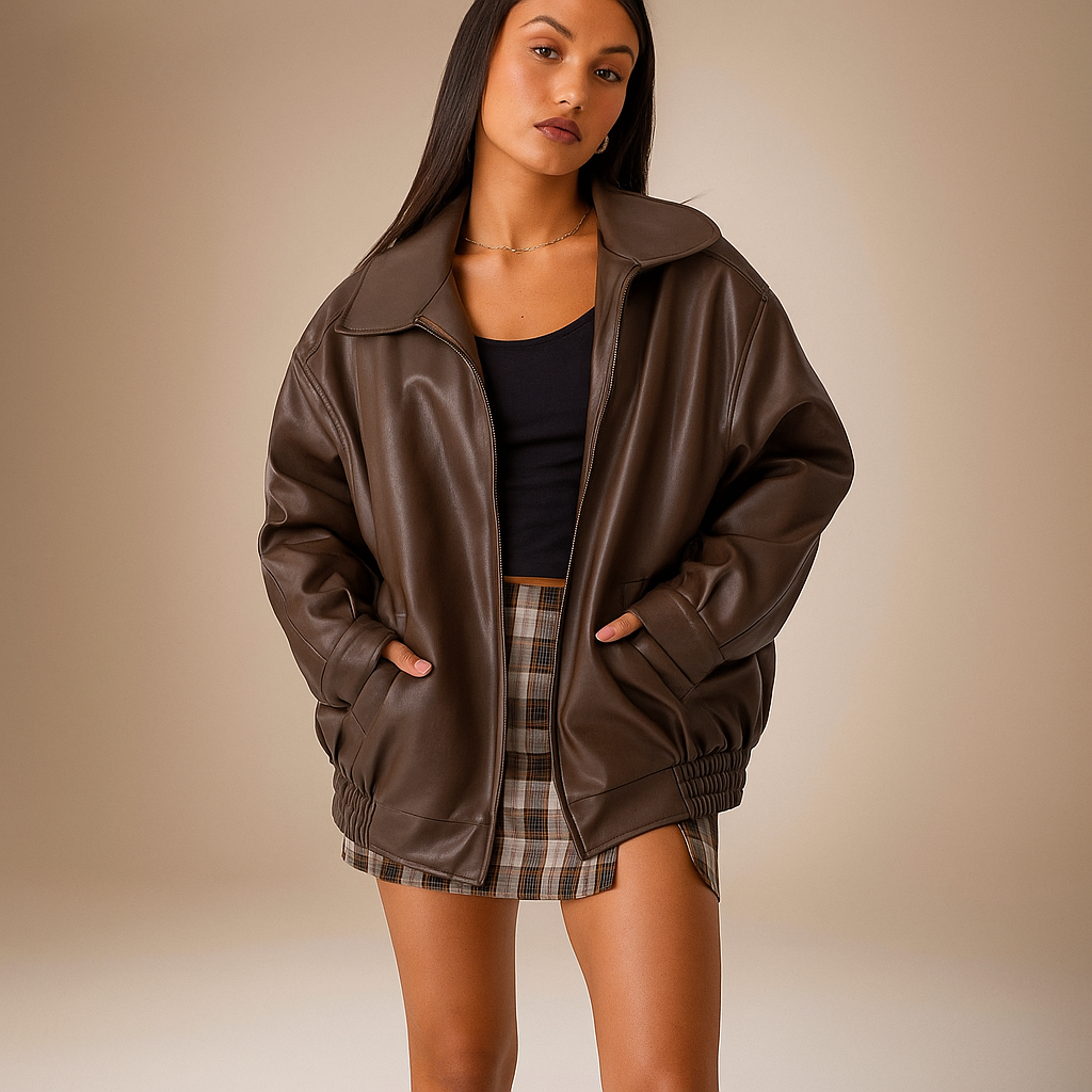 Veste en Cuir Femme – Coupe Oversize – Longueur Hanche – Fermeture Éclair Devant