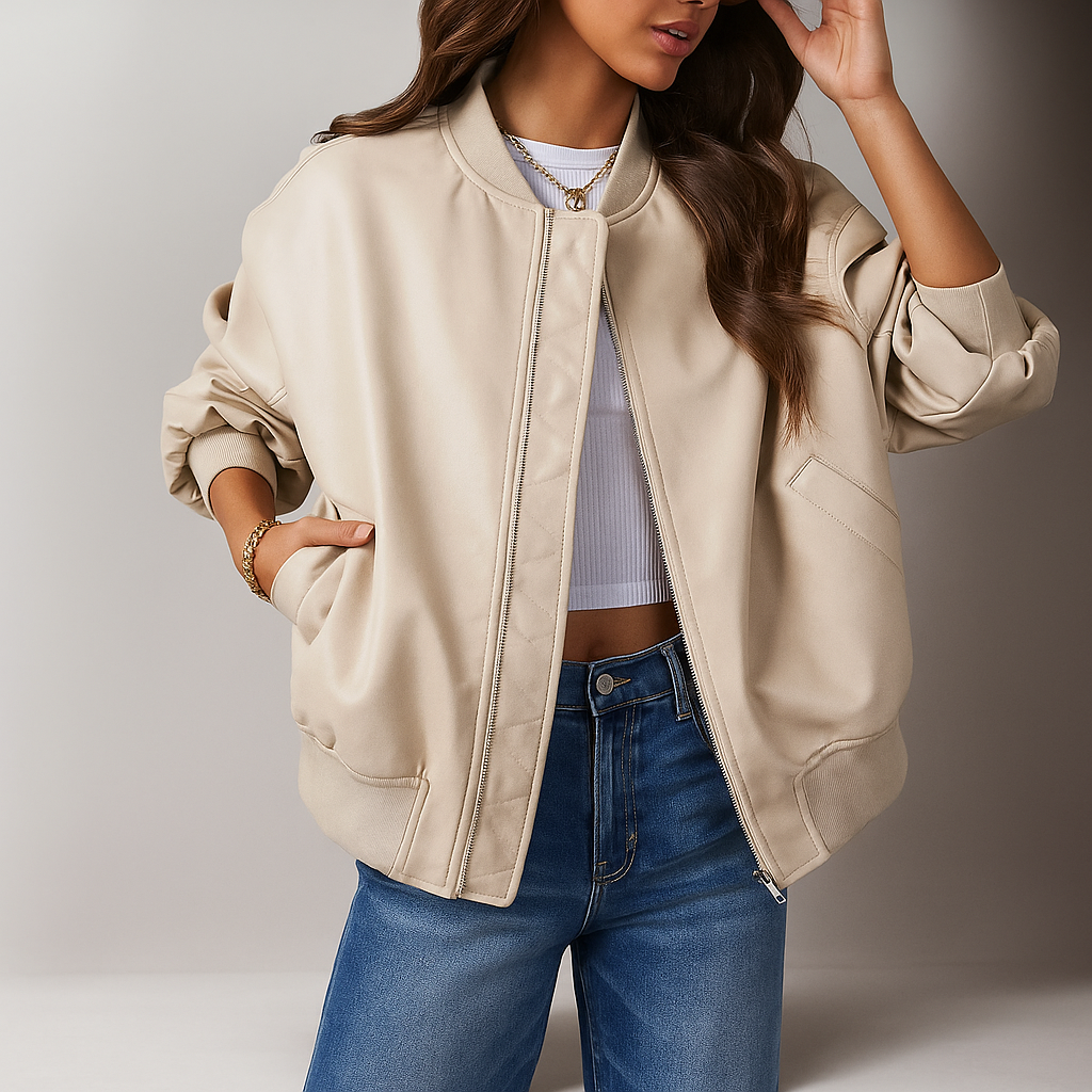 Veste en Cuir Oversize pour Femmes - Fermeture Éclair - Bords Côtelés - Longueur Hanche