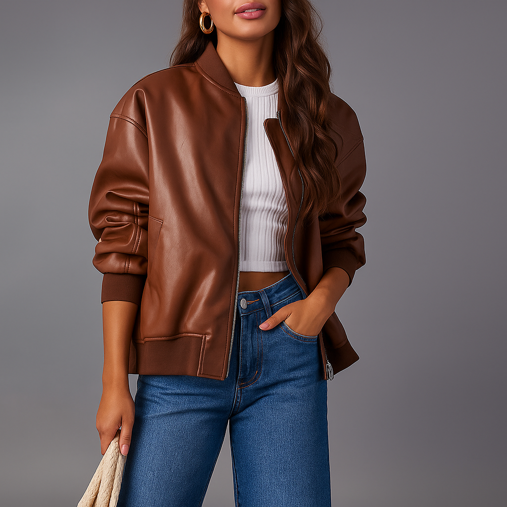 Veste en Cuir Oversize pour Femmes - Fermeture Éclair - Bords Côtelés - Longueur Hanche