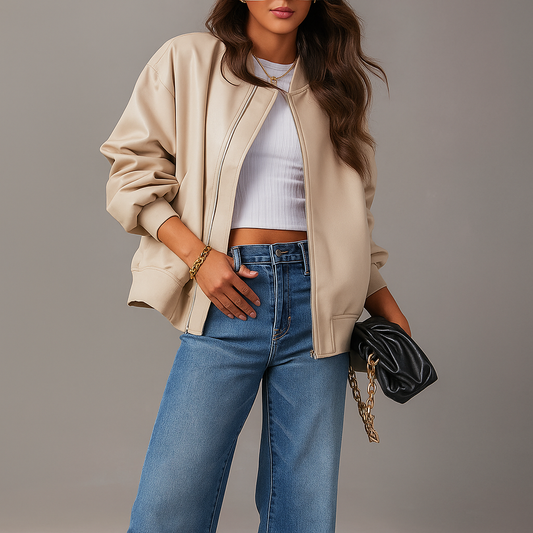 Veste en Cuir Oversize pour Femmes - Fermeture Éclair - Bords Côtelés - Longueur Hanche