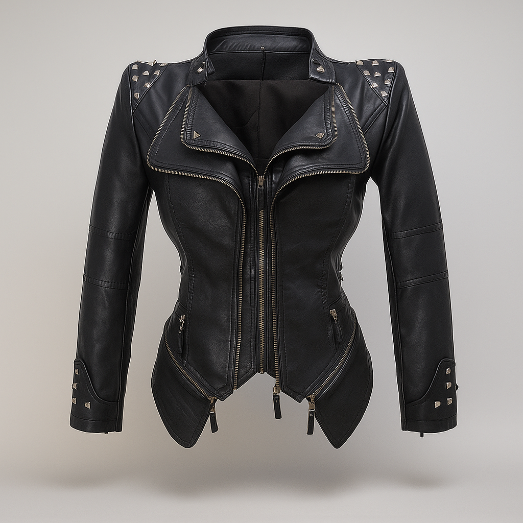 Veste en Cuir Femme - Style Biker Ajusté - Col & Manches Cloutés - Détails en Fermeture Éclair