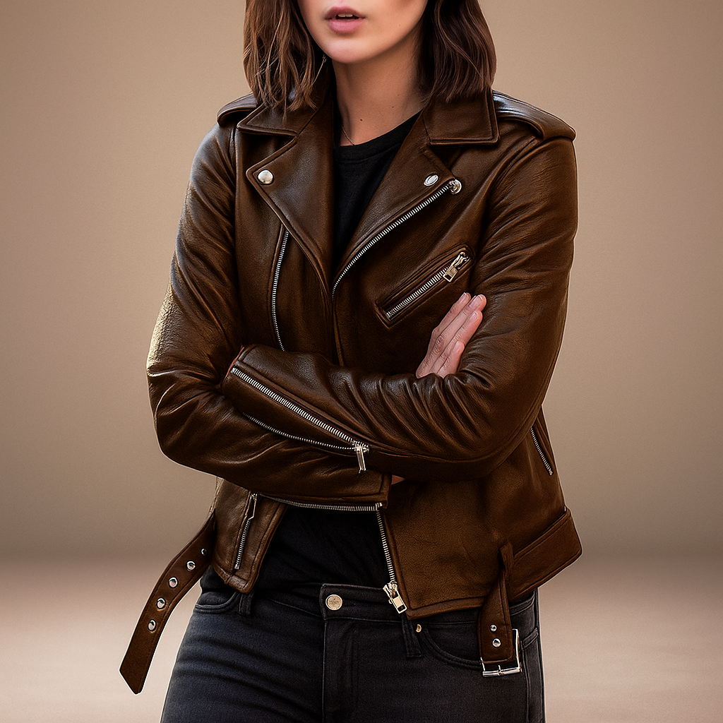 Veste en Cuir Vintage pour Femmes - Fermeture Éclair - Élégante & Durable