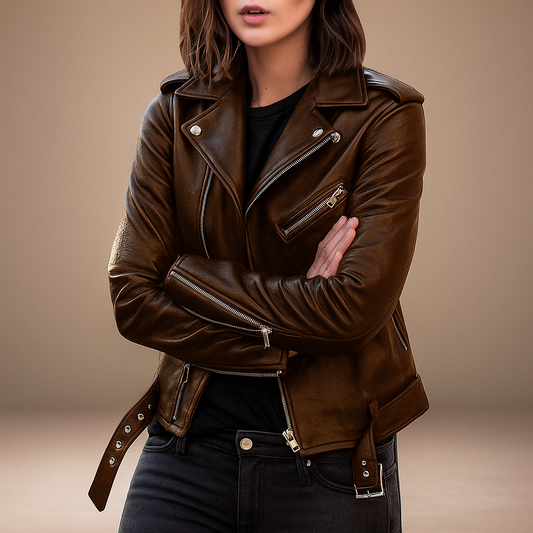 Veste en Cuir Vintage pour Femmes - Fermeture Éclair - Élégante & Durable