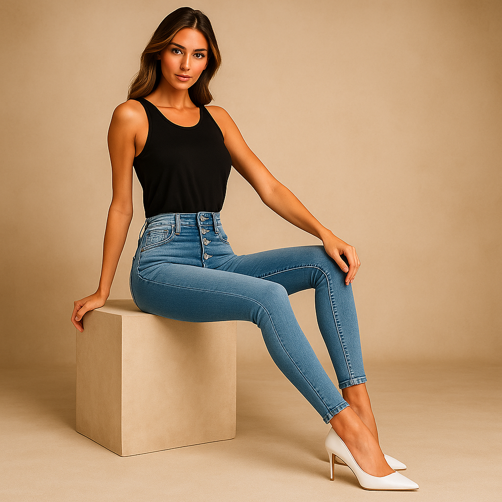 Jeans Skinny Femme - Taille Haute - Denim Élastique - Longueur Cheville