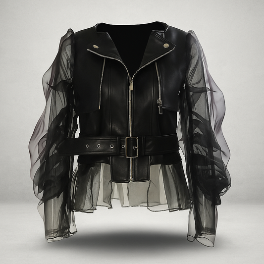 Veste en Similicuir pour Femmes - Manches Transparentes Froncées - Ceinture - Fermeture Éclair Frontale