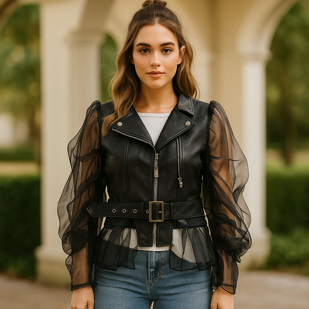 Veste en Similicuir pour Femmes - Manches Transparentes Froncées - Ceinture - Fermeture Éclair Frontale