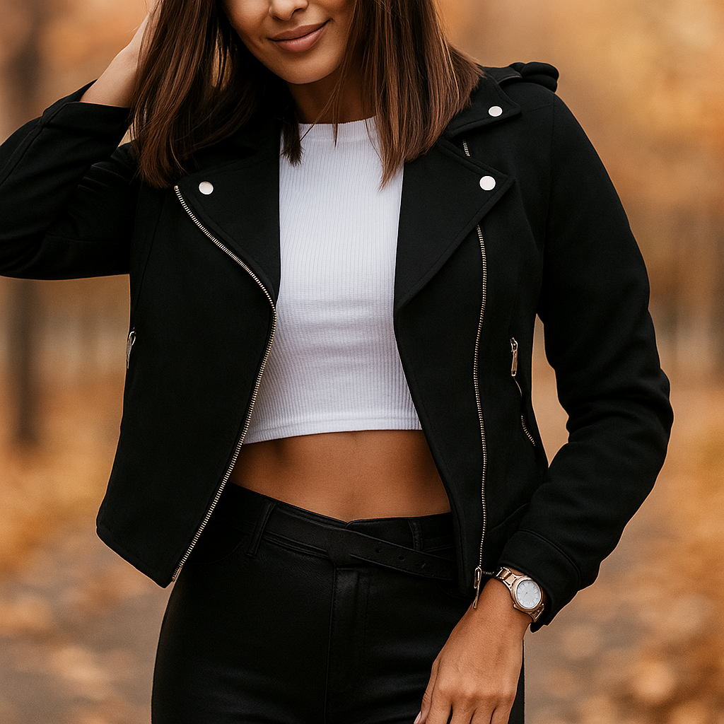 Veste de Biker pour Femmes – Coupe Slim – Longueur Courte – Fermeture Éclair Asymétrique – Design Structuré