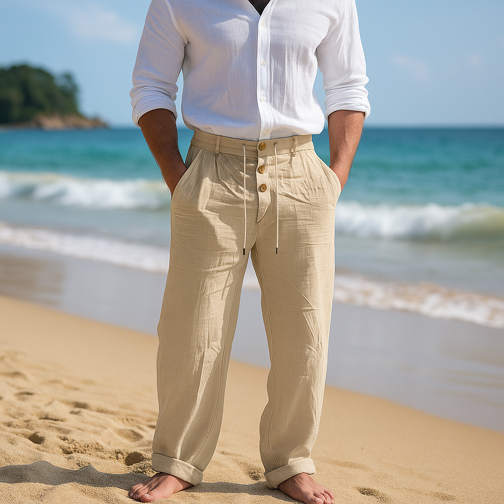 Pantalon lin homme taille haute respirant