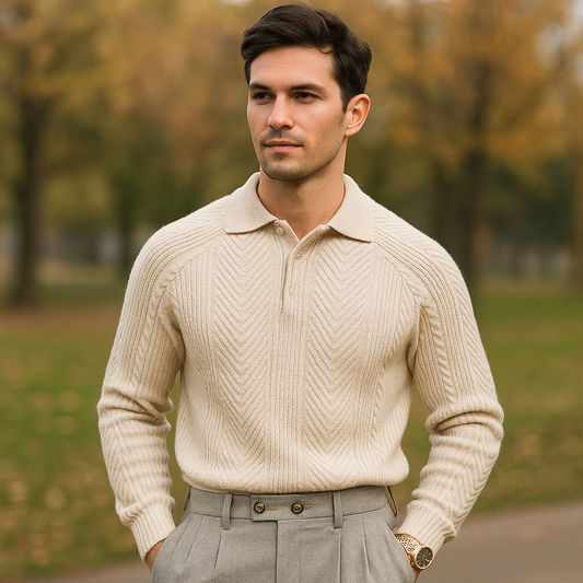 Pull en Tricot pour Homme – Coupe Slim – Col Polo – Doux Tricot à Câbles