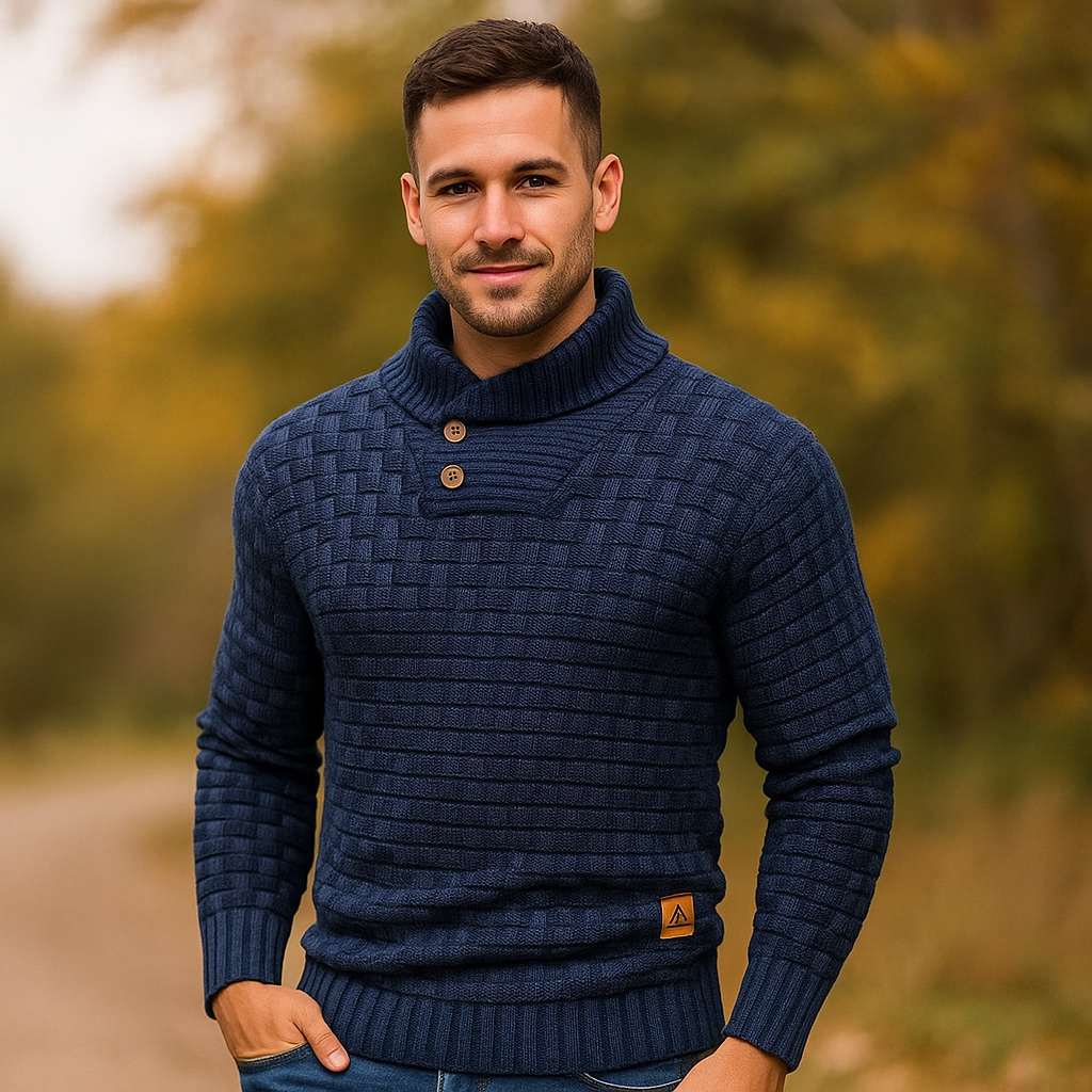 Pull en Tricot pour Homme – Mélange de Laine – Coupe Régulière – Col Boutonné