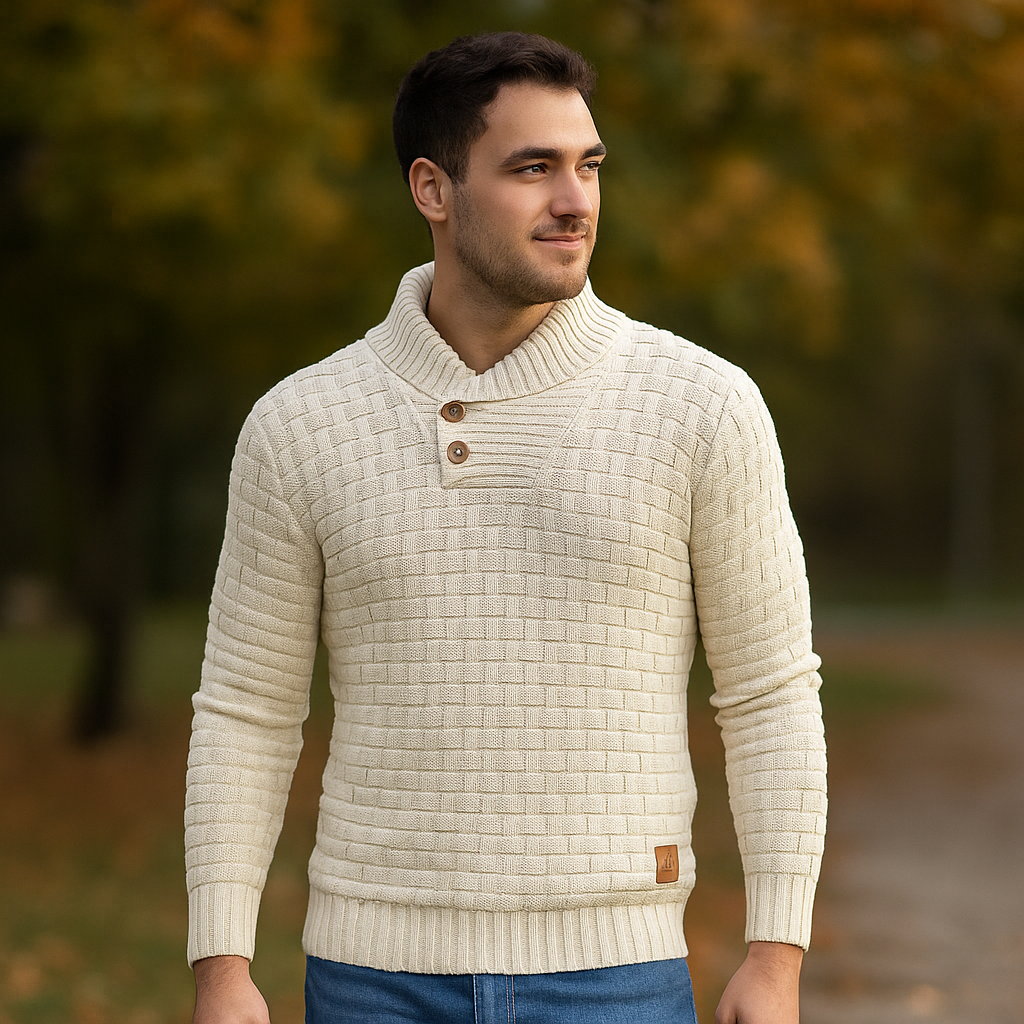 Pull en Tricot pour Homme – Mélange de Laine – Coupe Régulière – Col Boutonné