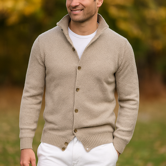 Pull en Tricot pour Homme – Coupe Slim – Col Montant – Devant Boutonné – Bord Côtelé