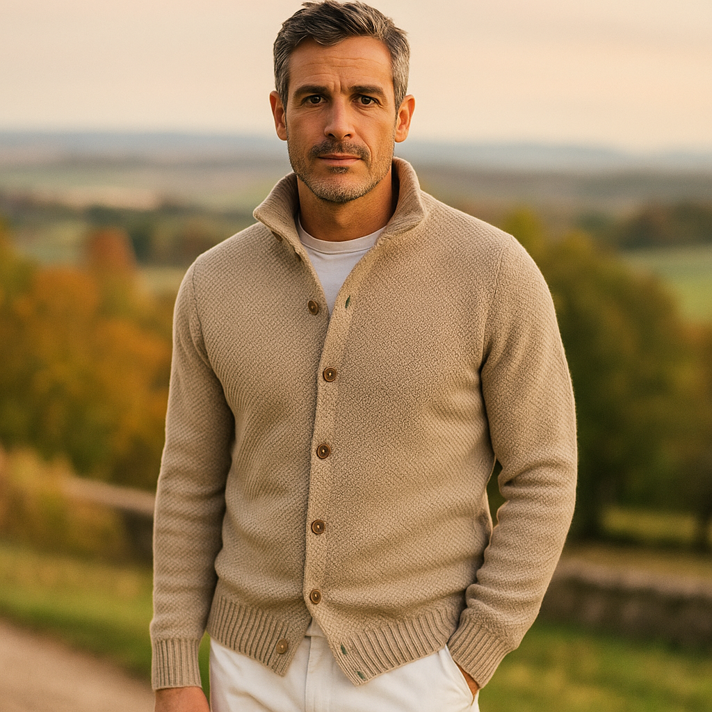 Pull en Tricot pour Homme – Coupe Slim – Col Montant – Devant Boutonné – Bord Côtelé