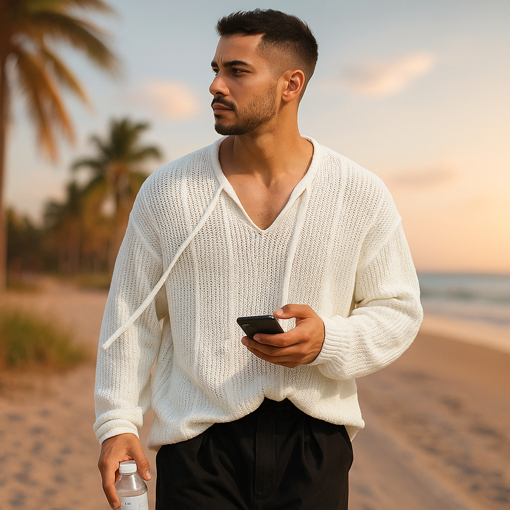 Pull Tricoté Homme – Coupe Lâche – Col V avec Cordon – Tissage Aéré