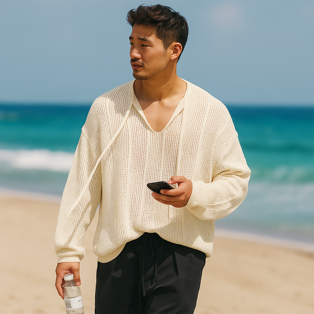 Pull Tricoté Homme – Coupe Lâche – Col V avec Cordon – Tissage Aéré