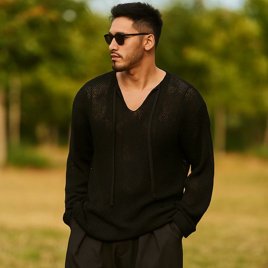 Pull Tricoté Homme – Coupe Lâche – Col V avec Cordon – Tissage Aéré