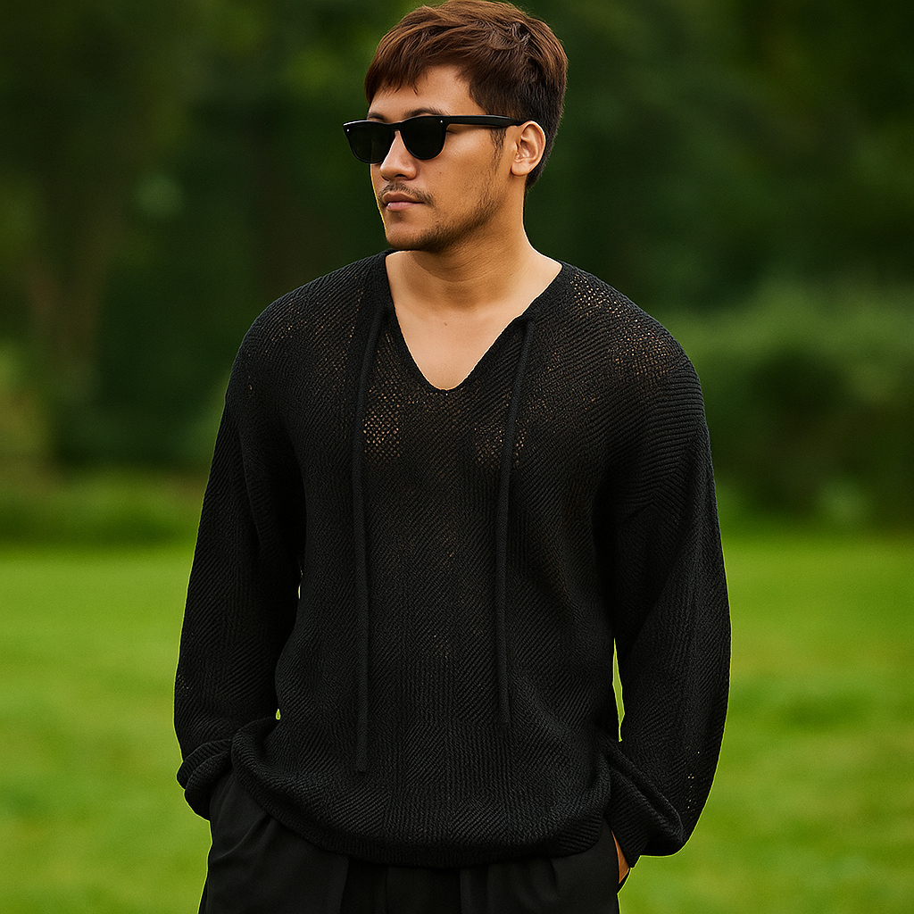Pull Tricoté Homme – Coupe Lâche – Col V avec Cordon – Tissage Aéré