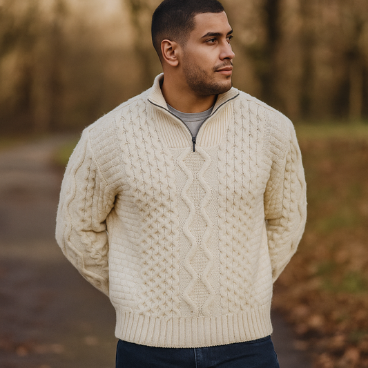 Pull en Câble pour Homme – Col Haut avec Fermeture Éclair – Manches Côtelées