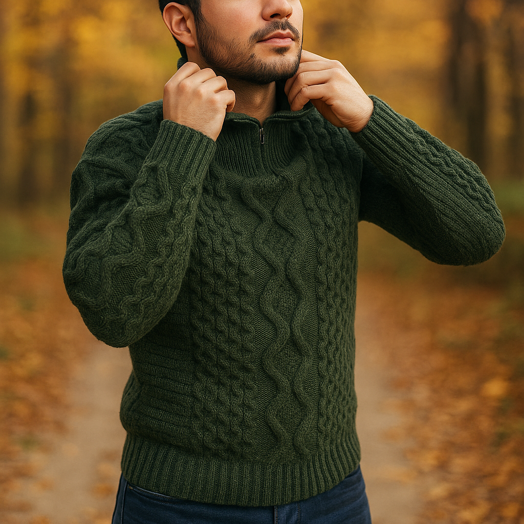 Pull en Câble pour Homme – Col Haut avec Fermeture Éclair – Manches Côtelées
