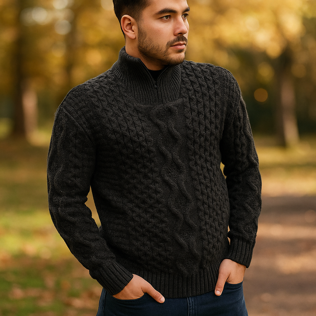 Pull en Câble pour Homme – Col Haut avec Fermeture Éclair – Manches Côtelées